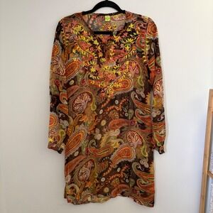 Raj Womens XL 100% Silk Paisley Embroidered Tunic Top Brown Orange Boho Beach